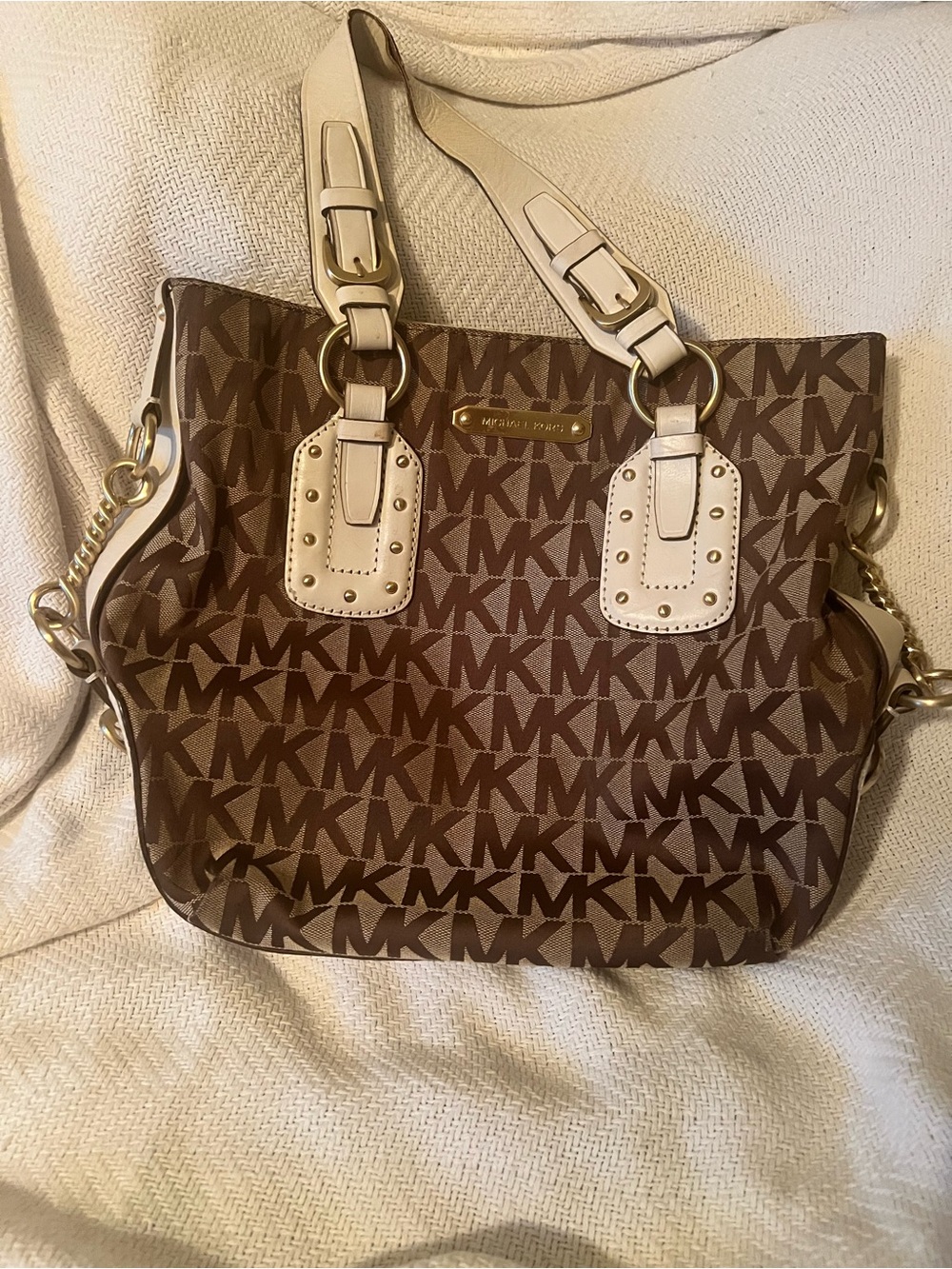 Michael Kors Brown MK Logo Tote with Cream Accents